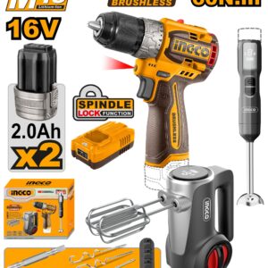 kit Combo 3 Pièces 16V – Perceuse Visseuse Brushless - Mixeur - Batteur