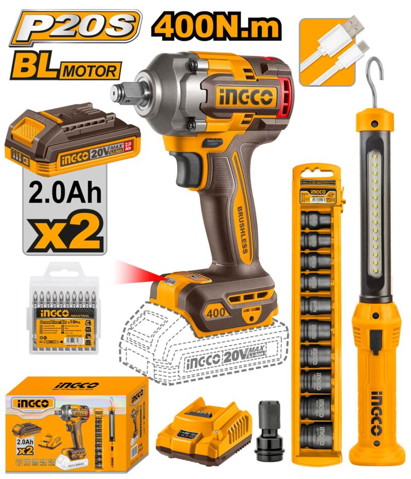 Kit combiné clés à chocs 20V Brushless 400NM COSLI23048 Ingco