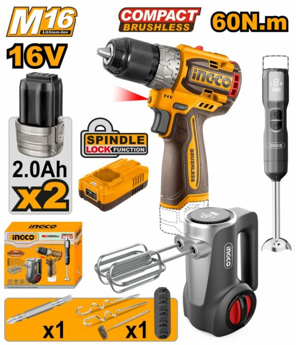kit Combo 3 Pièces 16V – Perceuse Visseuse Brushless - Mixeur - Batteur