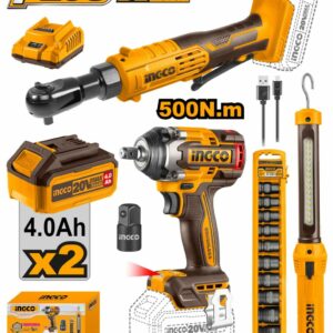 Kit 3 Pièces Sans Fil 20V – Clé à Chocs Brushless, Cliquet et Lampe de Travail cosli240461