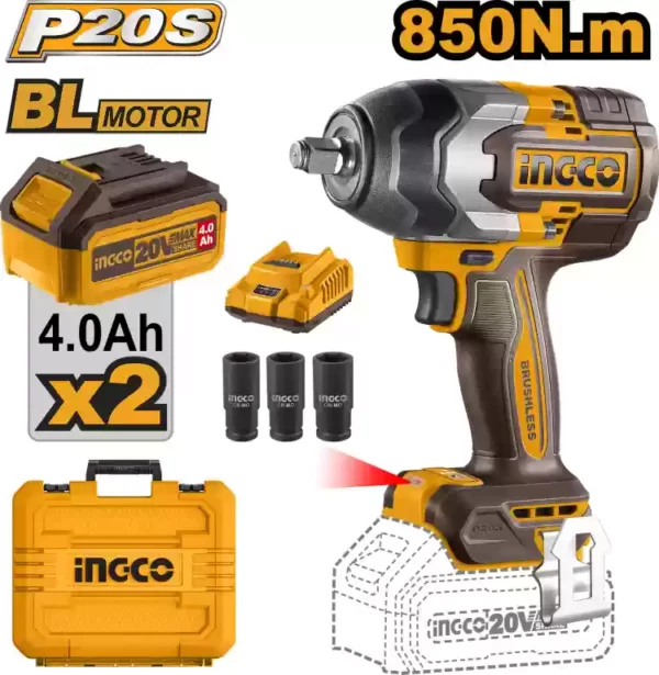 Clé à chocs sans fil INGCO Brushless 850Nm CIWLI2085