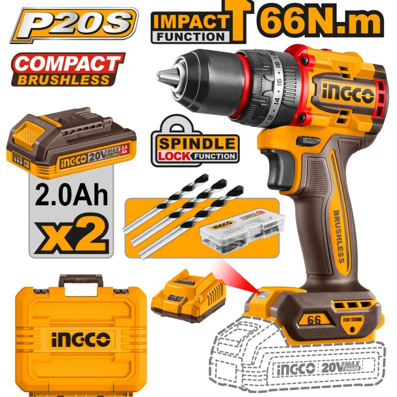 Perceuse à percussion Brushless 66 Nm CIDLI20668 ingco