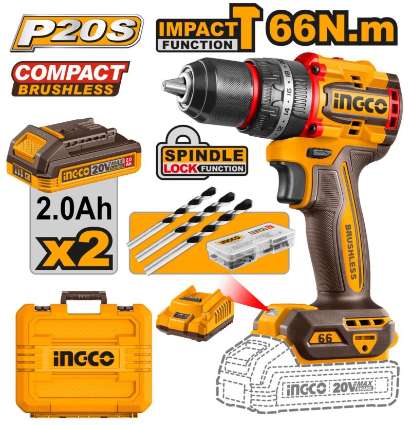 Perceuse à percussion Brushless 66 Nm CIDLI20668 ingco
