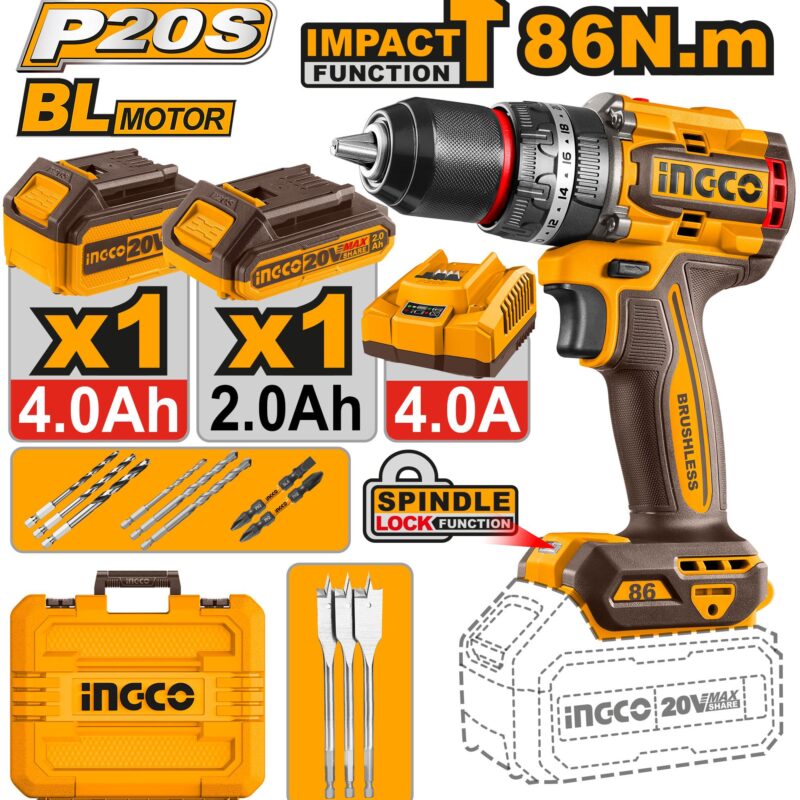 Perceuse a percussion Brushless 86Nm CIDLI20868 ingco
