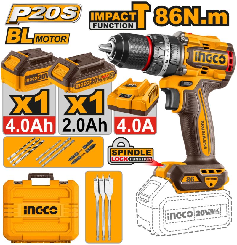 Perceuse a percussion Brushless 86Nm CIDLI20868 ingco