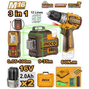 Kit Niveau laser 3D 0-35 m + Perceuse 60 Nm + télémètre laser