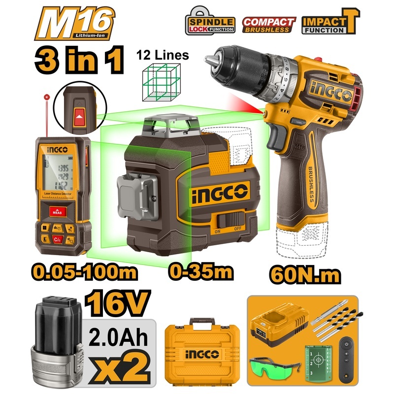 Kit perceuse 60 Nm + niveau laser 3D 0-35 m + télémètre laser