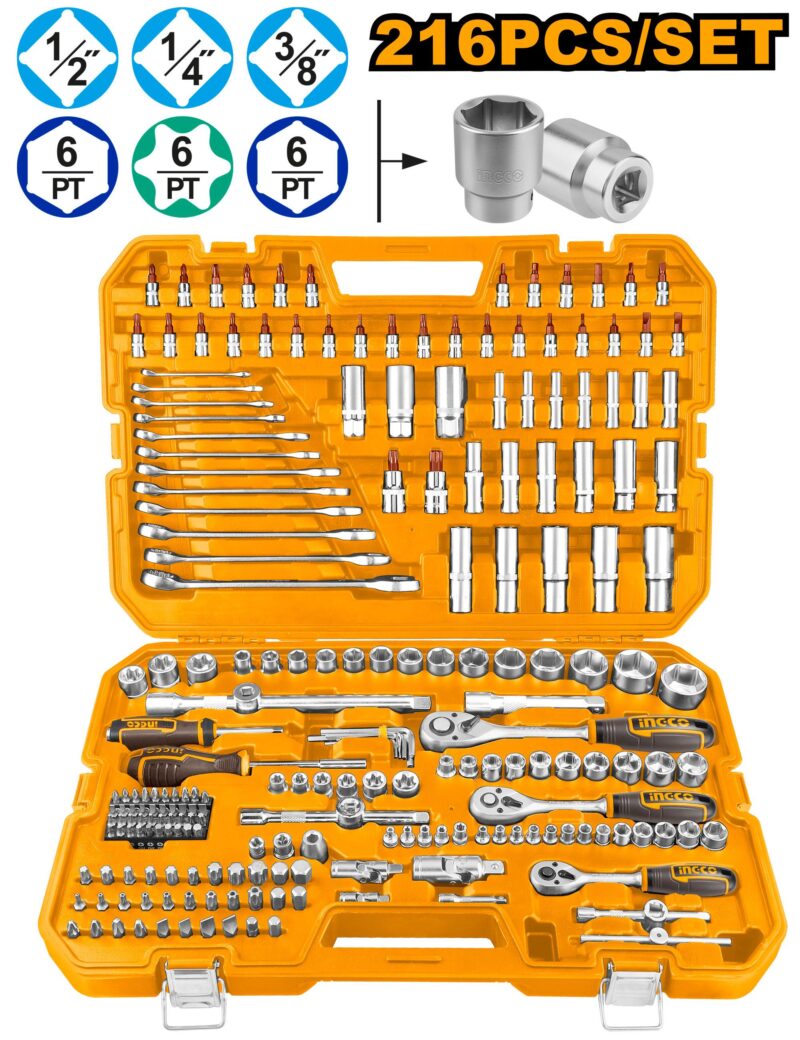 Ensemble d'outils à main 216 pièces 1/2 ” 1/4” et 3/8” ingco