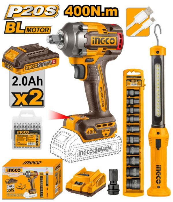 Kit combiné clés à chocs 20V Brushless 400NM COSLI23048 Ingco