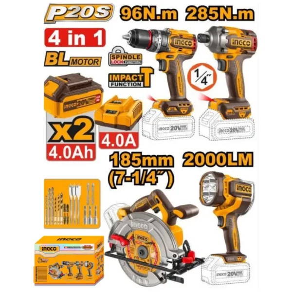 Kit combo 4 pieces Perceuse, Scie circulaire, Clé à chocs, Lampe de travail : Brushless