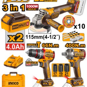 Kit combo 3 piéces brushless : Perceuse à percussion 66Nm + Clé à chocs 400Nm + Meuleuse d’angle 115mm