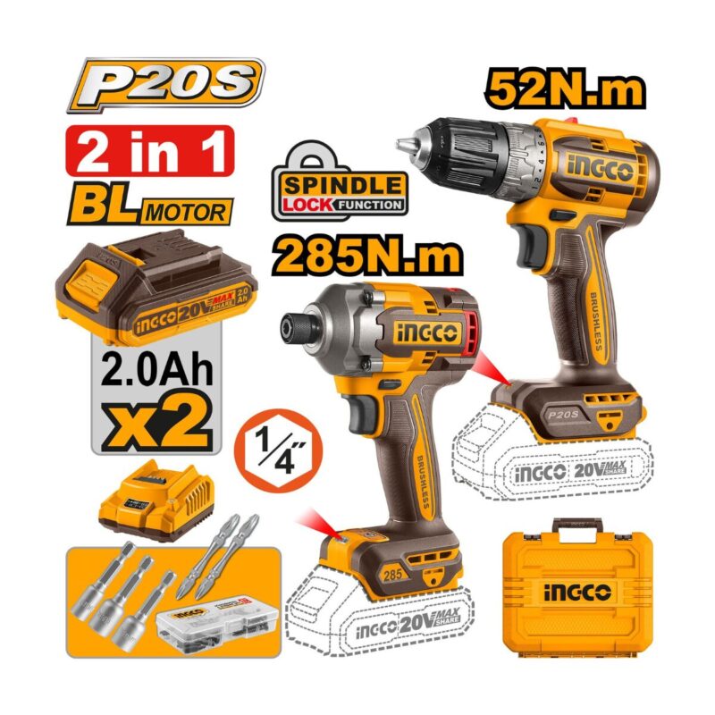 Pack Duo 20V – Perceuse 52nm et visseuse à Choc 285nm