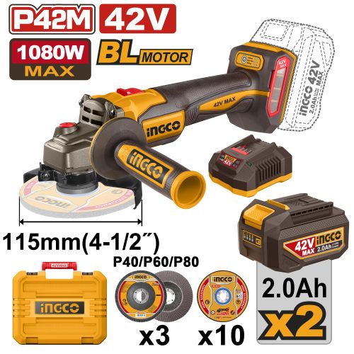 Meuleuse d’angle 42V Brushless 2AH max 1080W INGCO