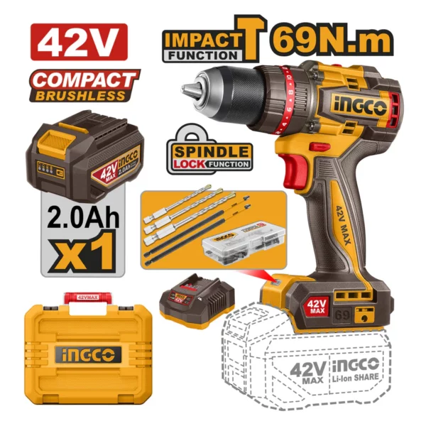 Perceuse à percussion 42V Brushless 69NM INGCO