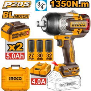 Clé à Chocs à Batterie 20V Brushless 3/4" - 1350Nm - avec 2 Batteries 5.0Ah et Douilles