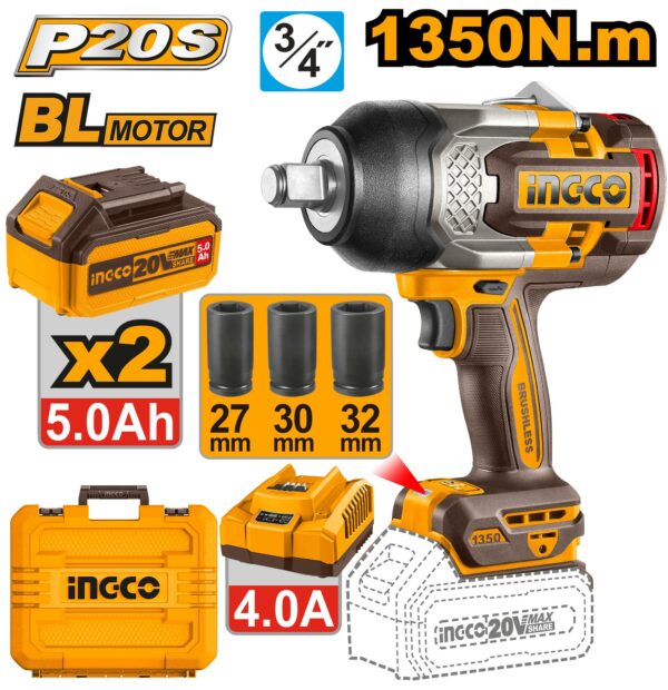 Clé à Chocs à Batterie 20V Brushless 3/4" - 1350Nm - avec 2 Batteries 5.0Ah et Douilles