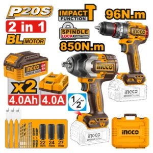 Pack duo 4ah brushless : Cle a choc 850Nm perceuse 96Nm