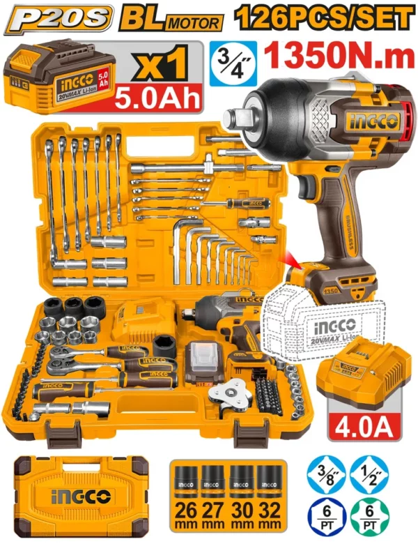 Clé à chocs 1350NM (3/4″) 126 accessoires 5Ah