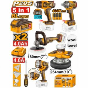 Kit combo 5 piéces brushless : Clé à chocs + Pistolet à air chaud + 2 Polisseuses + Lampe LED