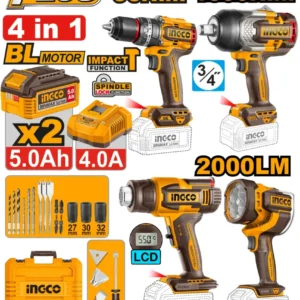 Kit combo 4 pieces Perceuse à percussion, Clé à chocs, Pistolet thermique, Lampe de travail : Brushless