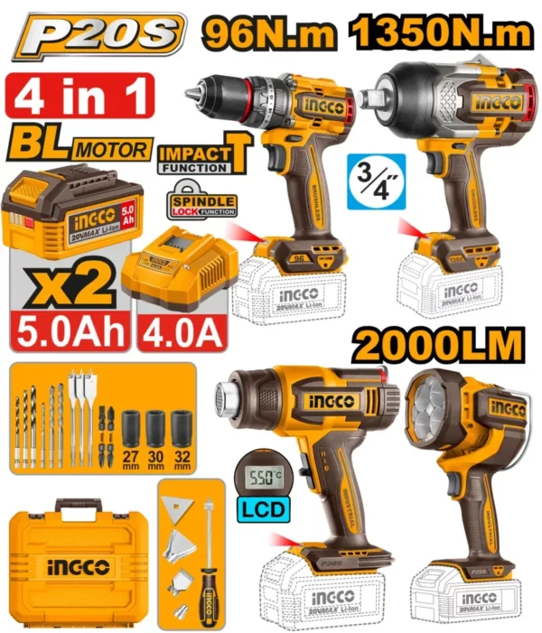 Kit combo 4 pieces Perceuse à percussion, Clé à chocs, Pistolet thermique, Lampe de travail : Brushless