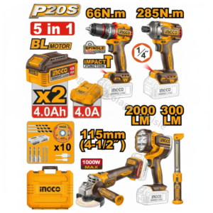 Kit combiné 5 pièces Perceuse à percussions, Clé à chocs, meuleuse d’angle, 2  Lampe de travail : Brushless