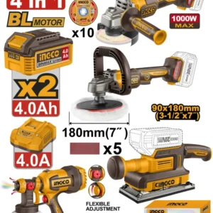 Kit combo 4 pieces meuleuse d’angle, polisseuse, ponceuse de finition, pistolet à peinture : Brushless