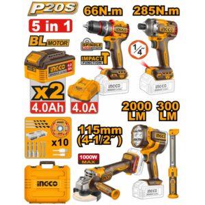 Kit combiné 5 pièces Perceuse à percussions, Clé à chocs, meuleuse d’angle, 2 Lampe de travail : Brushless