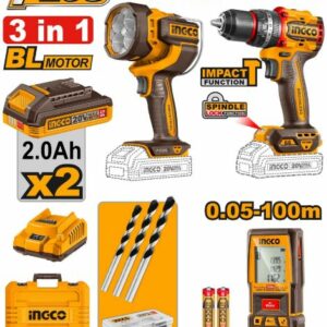 Kit combo 3 pièces : Perceuse 66Nm, télémètre laser 100M et lampe torche 200Lm INGCO