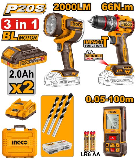 Kit combo 3 pièces : Perceuse 66Nm, télémètre laser 100M et lampe torche 200Lm INGCO