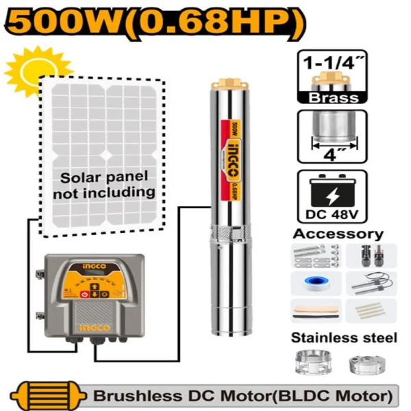 Pompe Solaire immergée 0.68HP moteur triphasé 500w INGCO