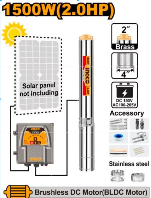 Pompe Solaire immergée 2HP moteur triphasé 1500w INGCO