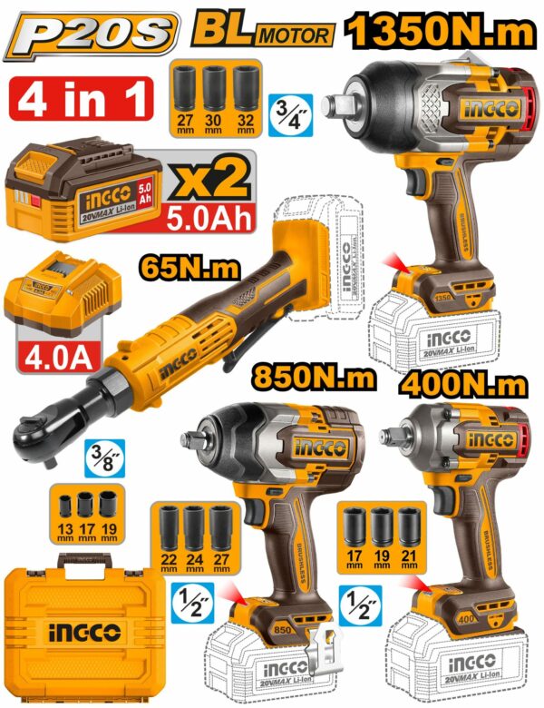 Kit combo 4 pieces : 3 Clé à chocs avec Cliquet Réversible 65Nm INGCO
