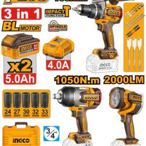 Kit combo 3 pièces : Perceuse 166Nm, Clé à chocs 1050 NM et lampe torche 200Lm INGCO