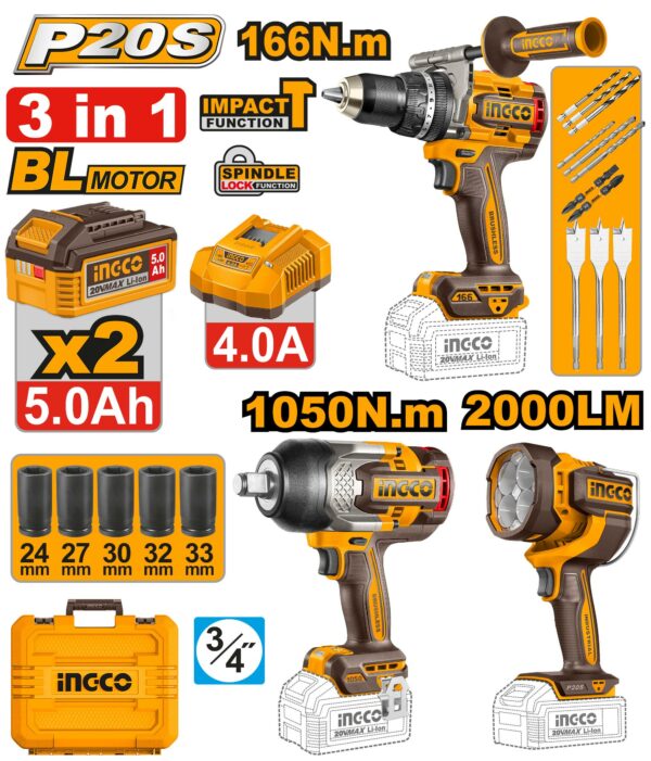 Kit combo 3 pièces : Perceuse 166Nm, Clé à chocs 1050 NM et lampe torche 200Lm INGCO