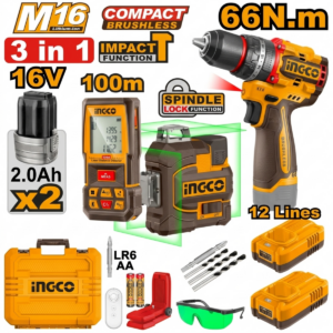 Kit combo 3 pièces: perceuse à percussion 66nm, niveau laser 3D et télémètre laser.