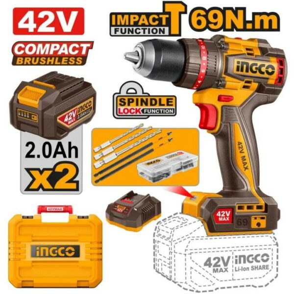 Perceuse à percussion 42V Brushless 69 Nm INGCO