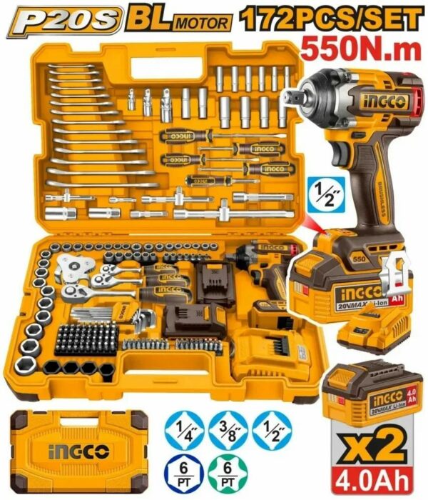 Coffret outils 172 pcs avec clé à choc Brushless 20V 550Nm INGCO