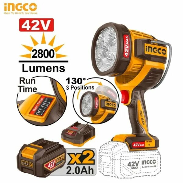 Lampe de travail 42V Max 2800 Lumens INGCO (2x 2.0Ah)