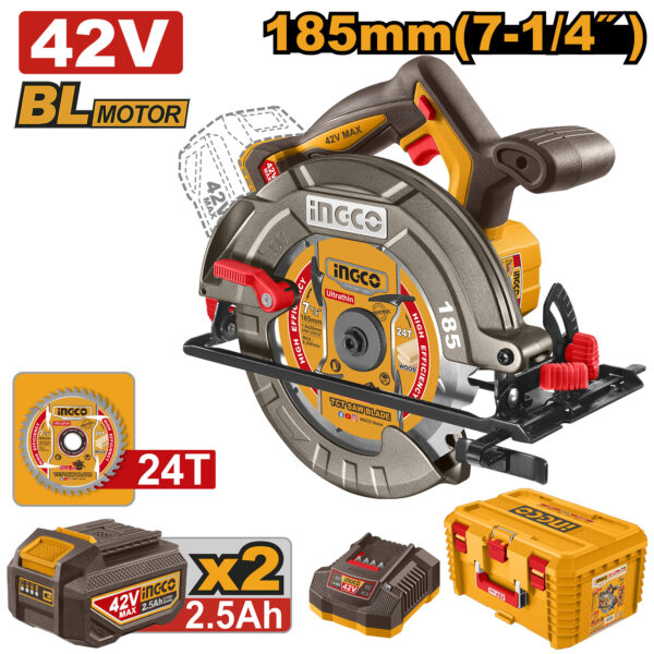 Scie circulaire 42V Brushless 185mm INGCO (2x 2.5Ah)
