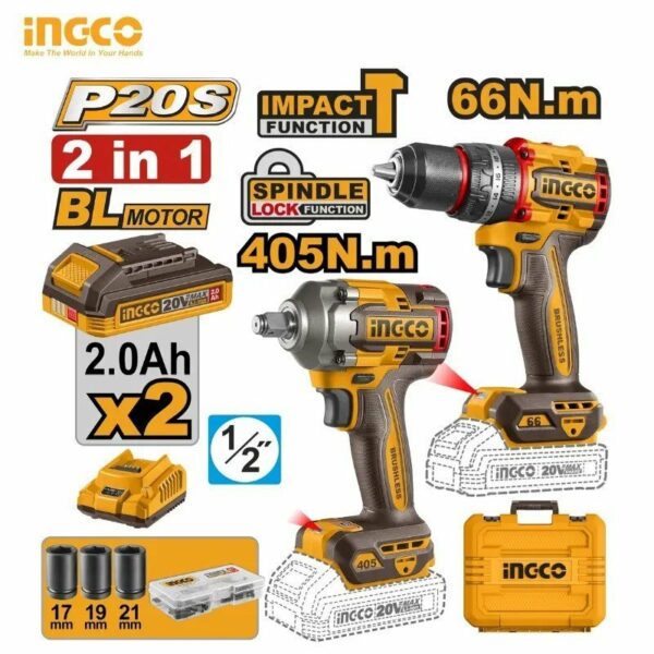 Pack Duo 20V – Perceuse 66nm et visseuse à Choc 405nm ingco