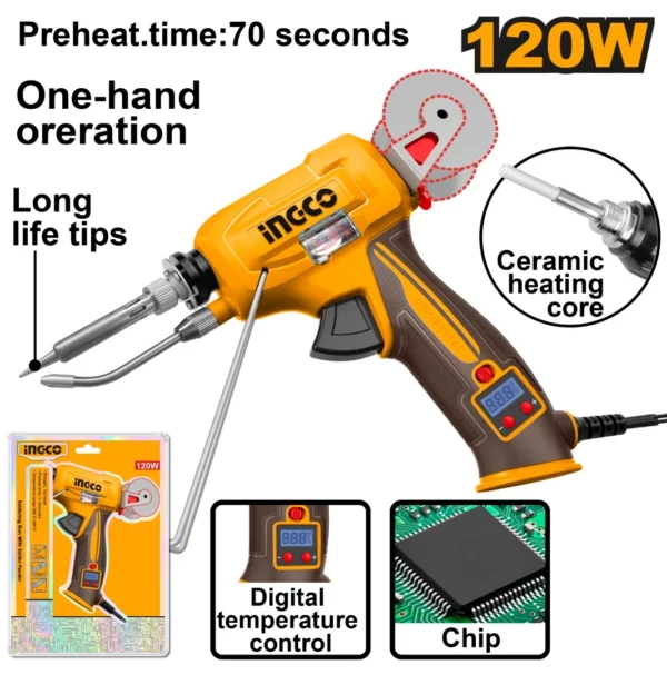 Pistolet à souder 120w Température réglable et Affichage numérique Ingco