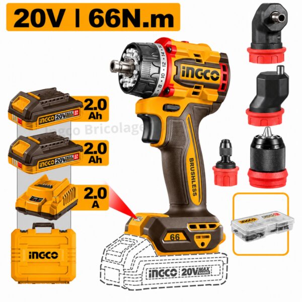 Perceuse-visseuse sans fil multi-têtes 20V 66Nm INGCO