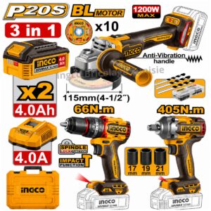 Kit combo 3 pièces Brushless : perceuse, clé à chocs et meuleuse 115mm INGCO