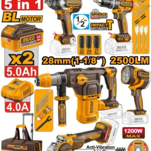 Kit combiné industriel sans fil 5 pièces 5Ah Brushless ingco