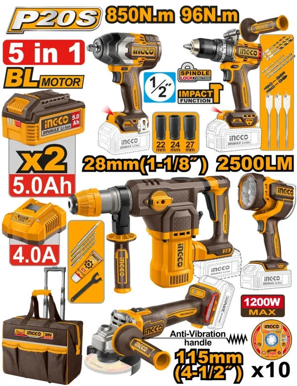 Kit combiné industriel sans fil 5 pièces 5Ah Brushless ingco