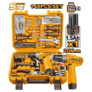 Coffret perceuse sans fil 12V 148 pièces INGCO