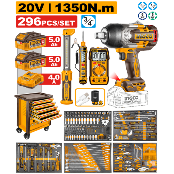 Coffret à outils Clé à chocs sans fil 1350 Nm avec 296 pièces